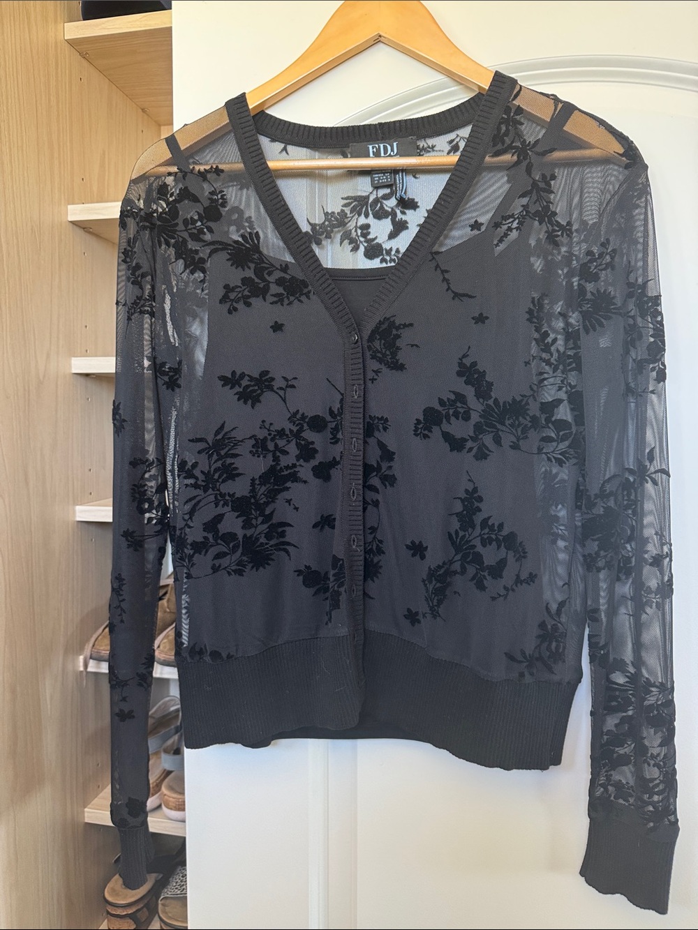 FDJ Black Sheer Floral V-Neck Button Cardigan